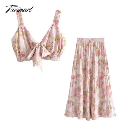 Indie Folk Bohemian Vintage Floral Print Camisole Tanl And High Waist Midi SkirtsTops Sets Women