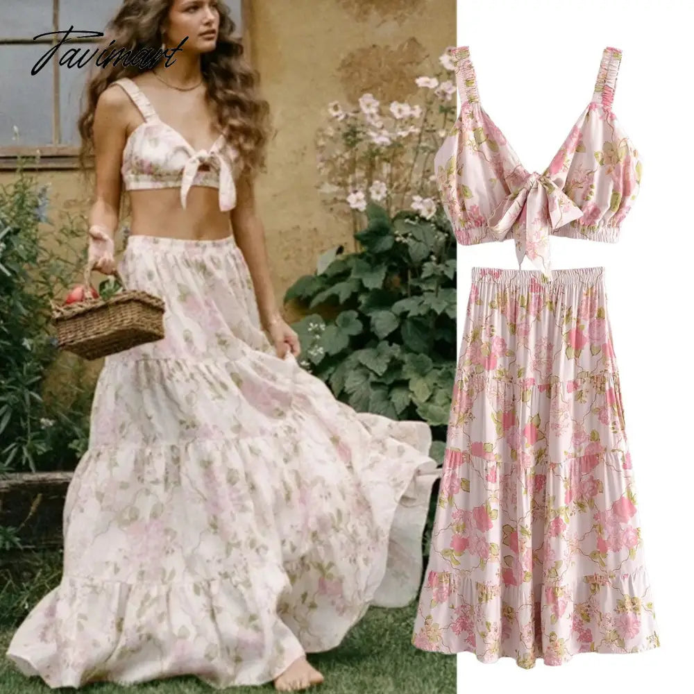 Indie Folk Bohemian Vintage Floral Print Camisole Tanl And High Waist Midi SkirtsTops Sets Women