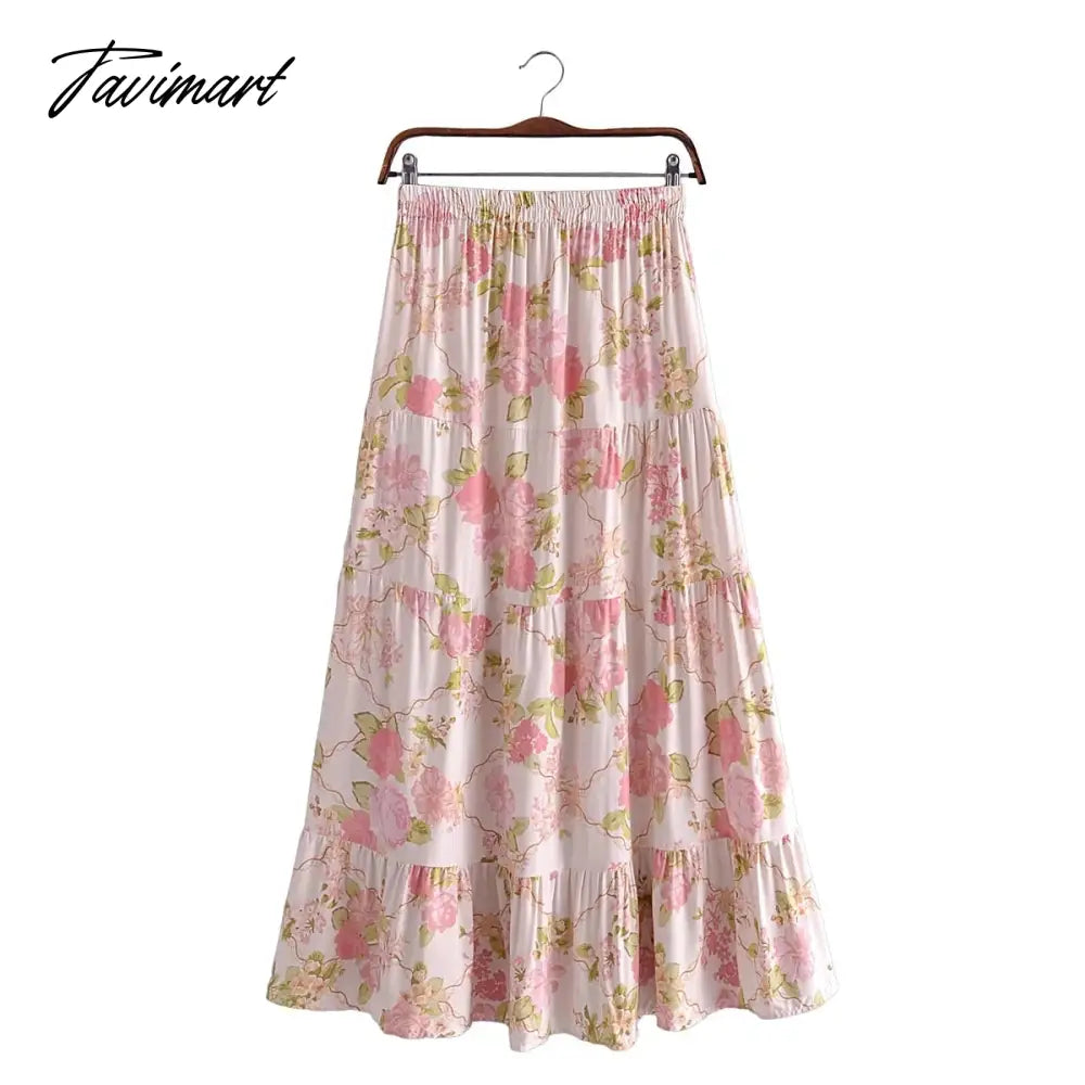 Indie Folk Bohemian Vintage Floral Print Camisole Tanl And High Waist Midi SkirtsTops Sets Women
