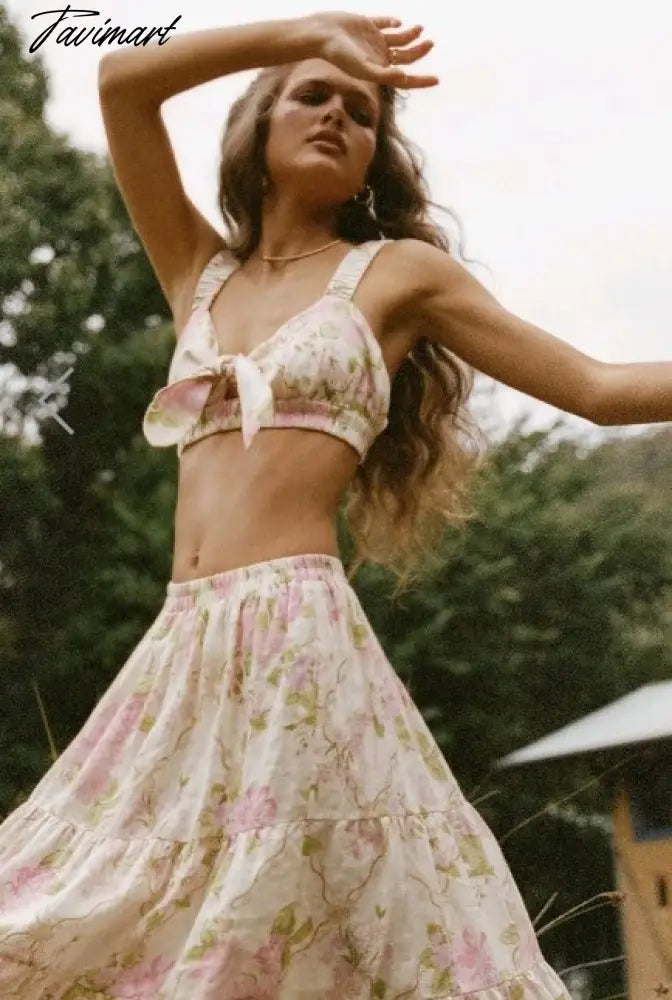 Indie Folk Bohemian Vintage Floral Print Camisole Tanl And High Waist Midi SkirtsTops Sets Women