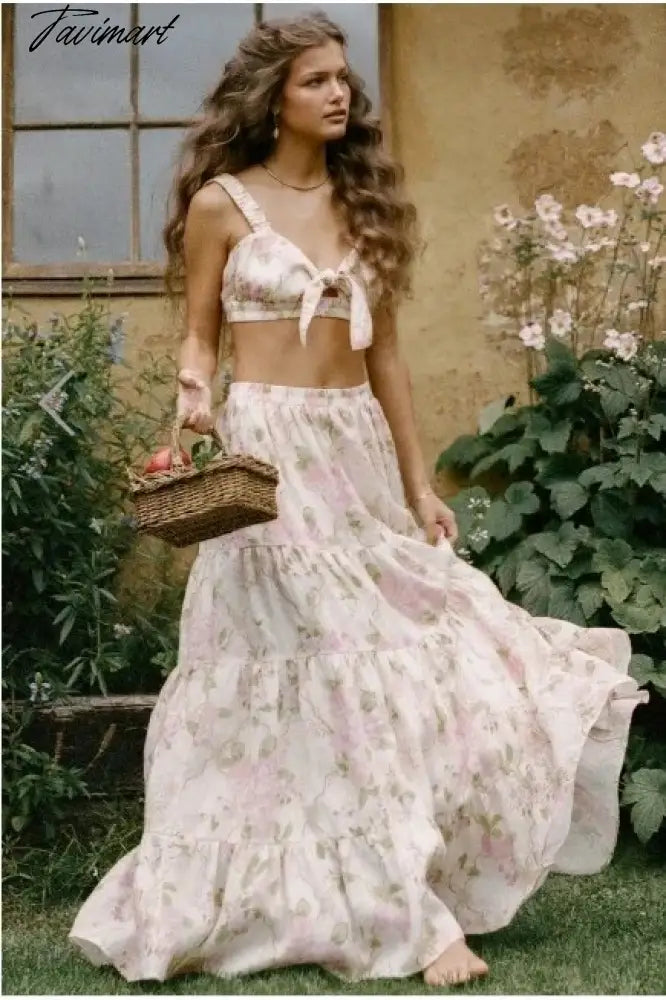 Indie Folk Bohemian Vintage Floral Print Camisole Tanl And High Waist Midi SkirtsTops Sets Women