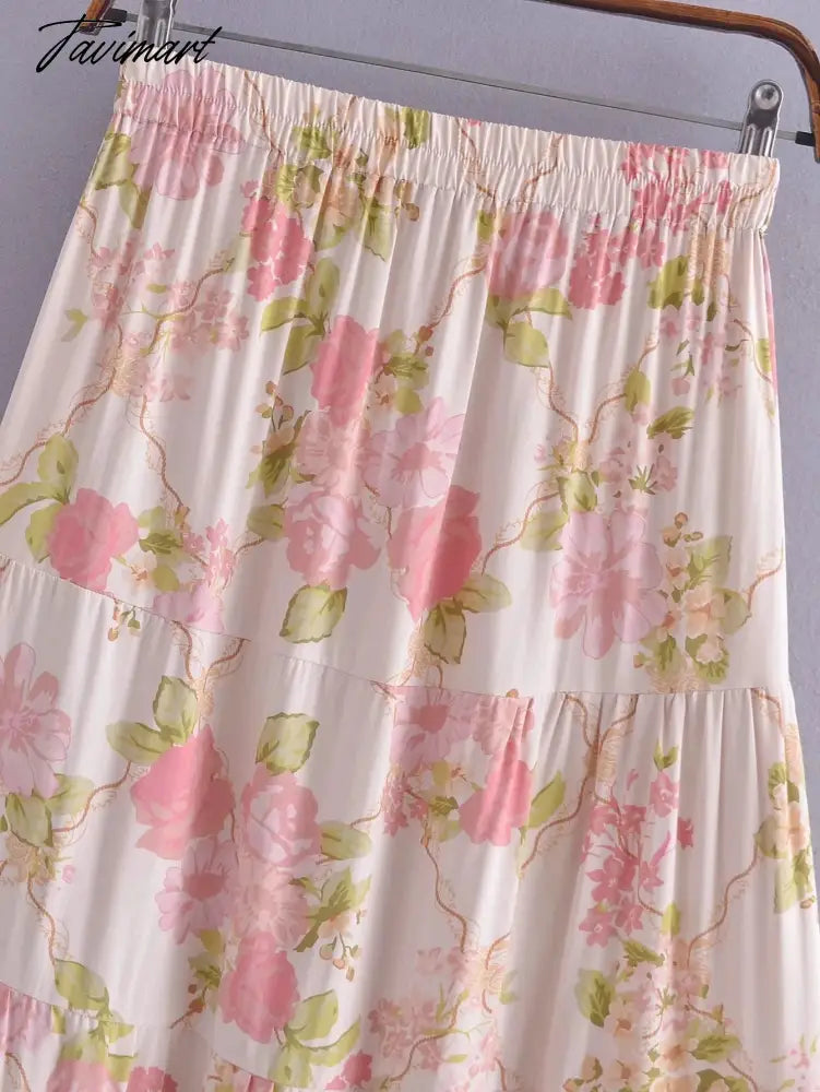 Indie Folk Bohemian Vintage Floral Print Camisole Tanl And High Waist Midi SkirtsTops Sets Women