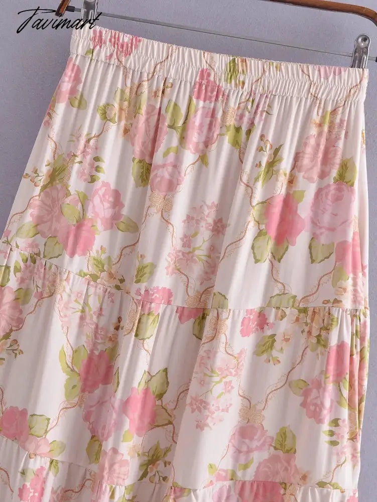 Indie Folk Bohemian Vintage Floral Print Camisole Tanl And High Waist Midi SkirtsTops Sets Women