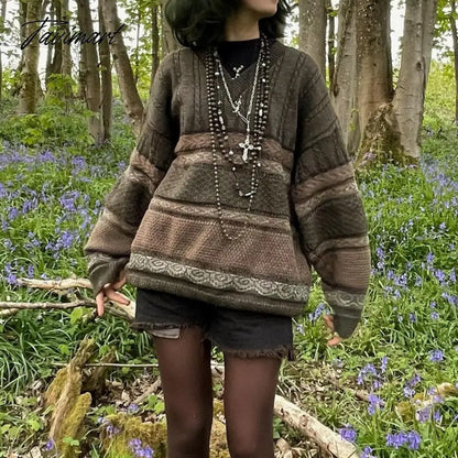 Indie Grunge Vintage Knitted Sweaters Graphic Striped Print Long Sleeve Clothes Y2K Aesthetic Retro Loose Pullovers Jumpers