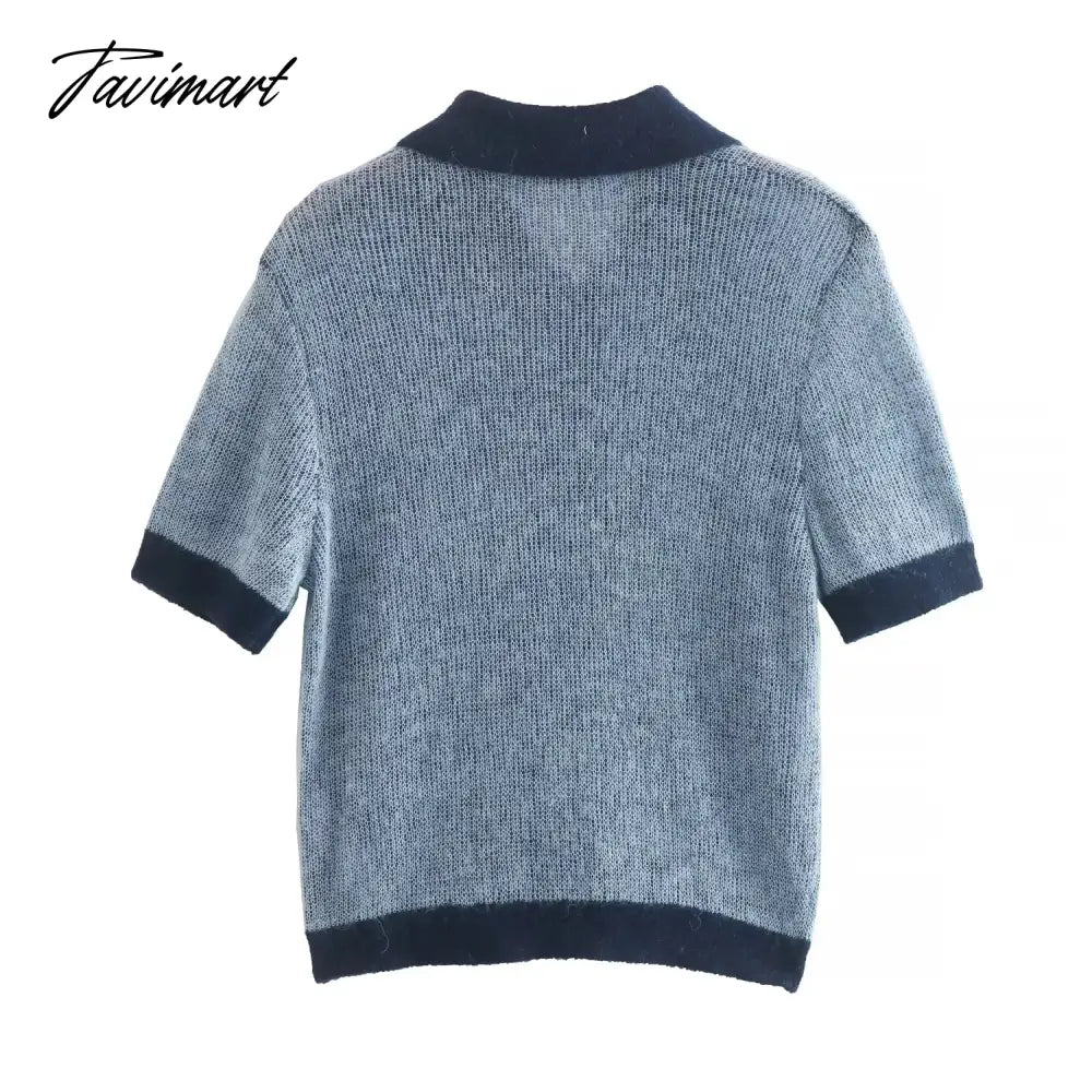 Ins Fashion Blogger Retro Single Breasted Knitted Tops Contrast Mohair Knitwear Women