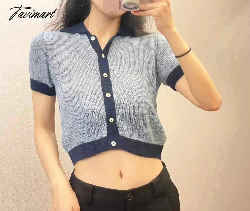 Ins Fashion Blogger Retro Single Breasted Knitted Tops Contrast Mohair Knitwear Women
