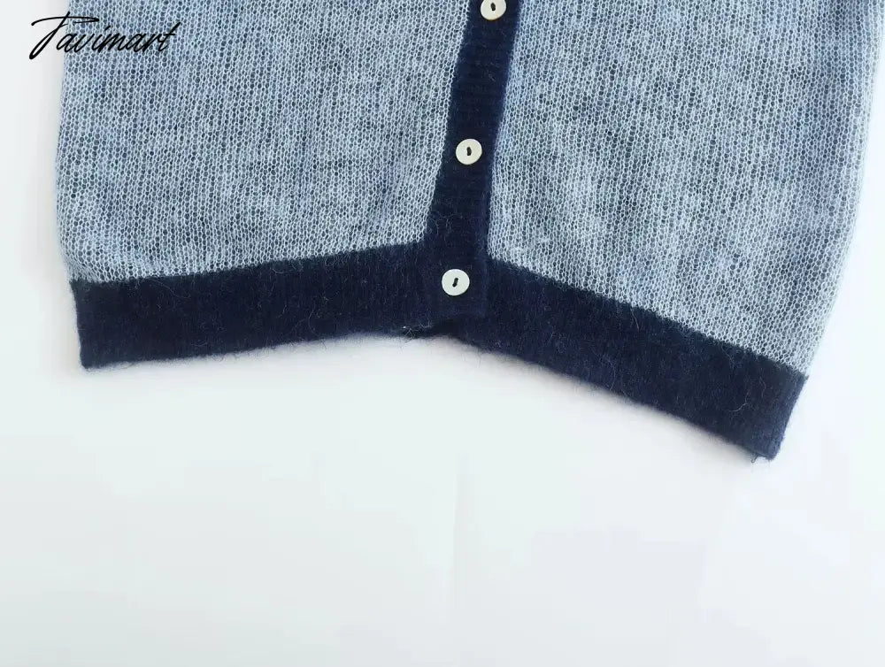 Ins Fashion Blogger Retro Single Breasted Knitted Tops Contrast Mohair Knitwear Women