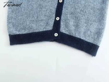 Ins Fashion Blogger Retro Single Breasted Knitted Tops Contrast Mohair Knitwear Women