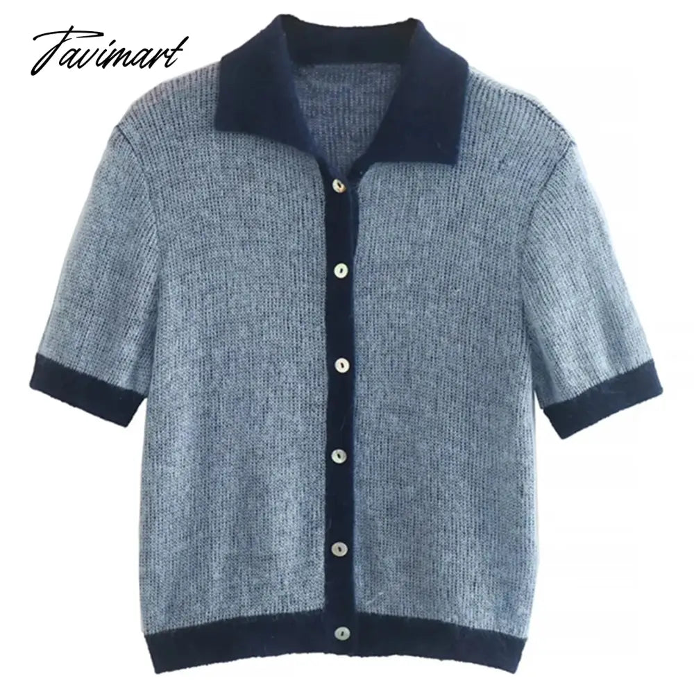 Ins Fashion Blogger Retro Single Breasted Knitted Tops Contrast Mohair Knitwear Women