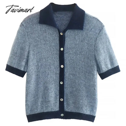 Ins Fashion Blogger Retro Single Breasted Knitted Tops Contrast Mohair Knitwear Women
