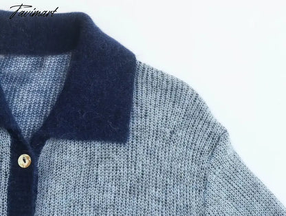 Ins Fashion Blogger Retro Single Breasted Knitted Tops Contrast Mohair Knitwear Women