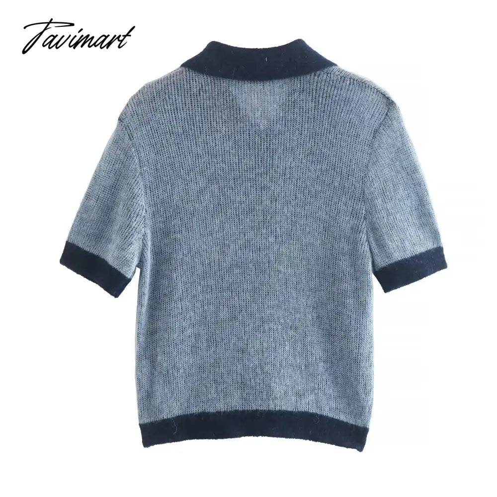 Ins Fashion Blogger Retro Single Breasted Knitted Tops Contrast Mohair Knitwear Women