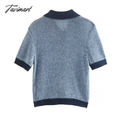 Ins Fashion Blogger Retro Single Breasted Knitted Tops Contrast Mohair Knitwear Women