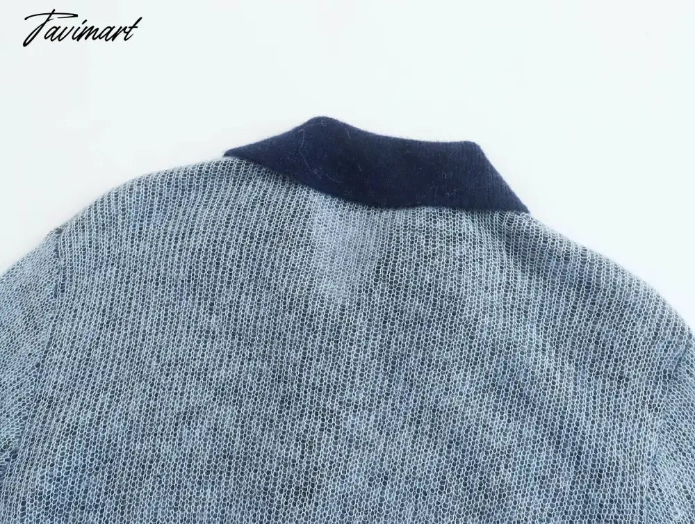 Ins Fashion Blogger Retro Single Breasted Knitted Tops Contrast Mohair Knitwear Women