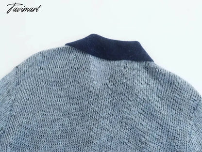 Ins Fashion Blogger Retro Single Breasted Knitted Tops Contrast Mohair Knitwear Women