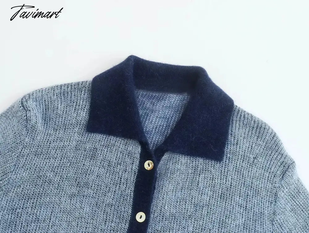 Ins Fashion Blogger Retro Single Breasted Knitted Tops Contrast Mohair Knitwear Women