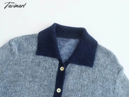 Ins Fashion Blogger Retro Single Breasted Knitted Tops Contrast Mohair Knitwear Women