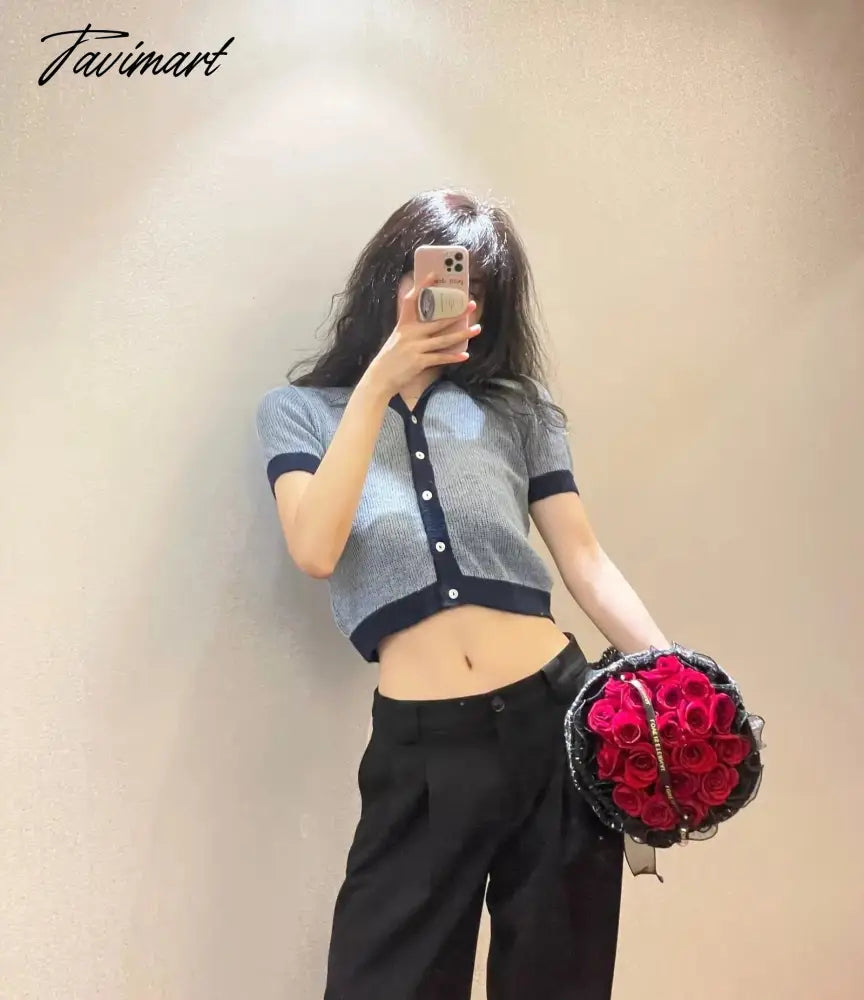 Ins Fashion Blogger Retro Single Breasted Knitted Tops Contrast Mohair Knitwear Women