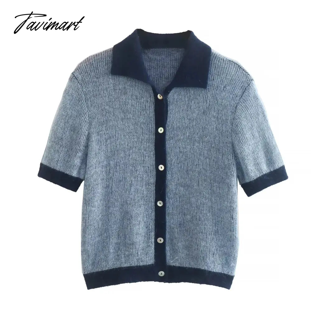 Ins Fashion Blogger Retro Single Breasted Knitted Tops Contrast Mohair Knitwear Women
