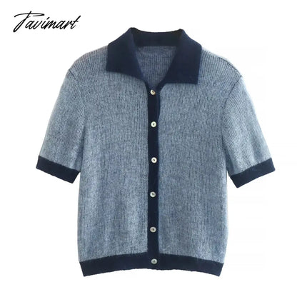 Ins Fashion Blogger Retro Single Breasted Knitted Tops Contrast Mohair Knitwear Women