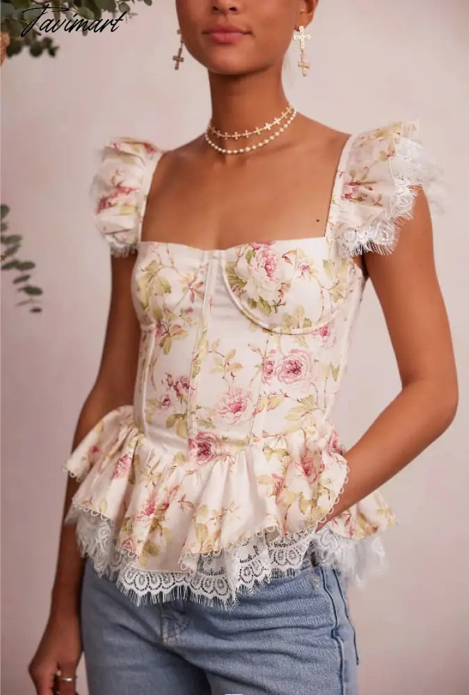Ins Fashion Sexy Blouse Women Blogger Lace Splicing Square Collar Floral Shirt