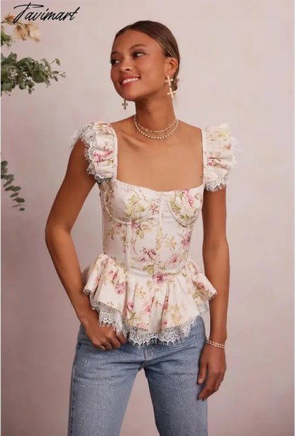 Ins Fashion Sexy Blouse Women Blogger Lace Splicing Square Collar Floral Shirt