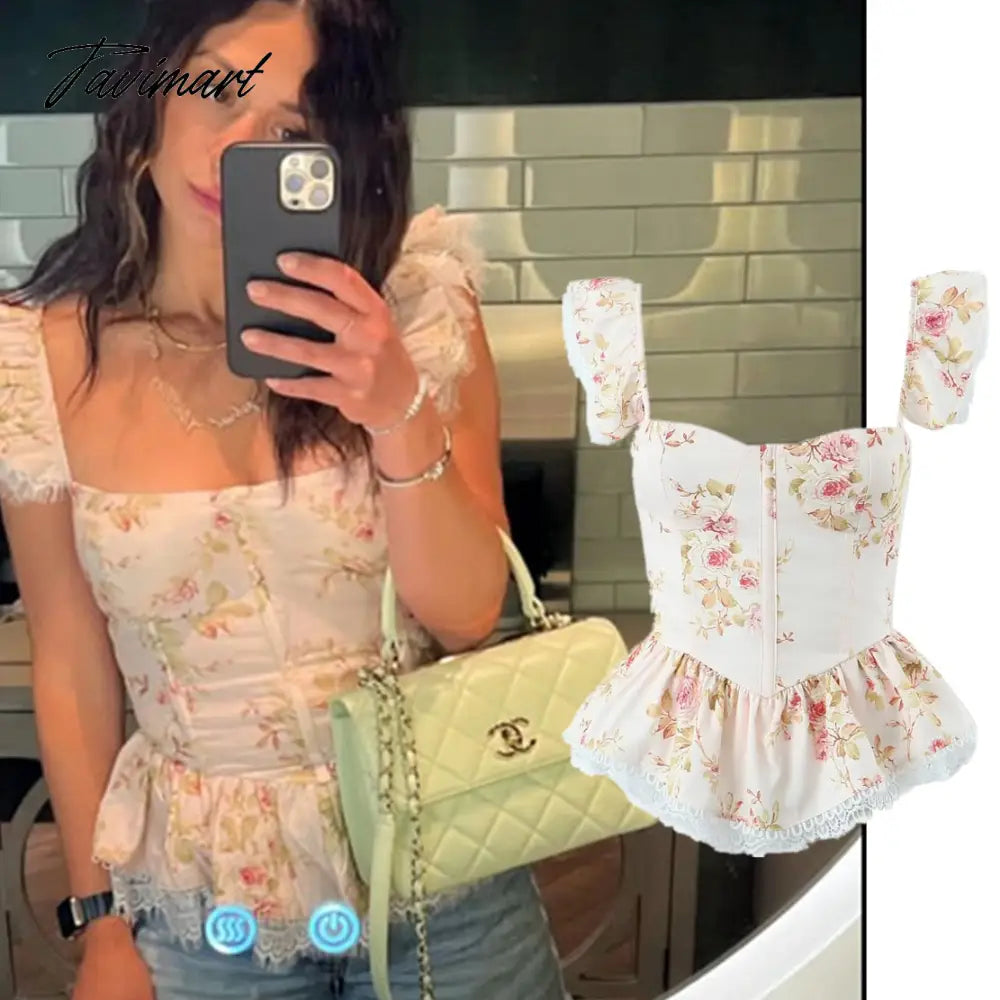 Ins Fashion Sexy Blouse Women Blogger Lace Splicing Square Collar Floral Shirt