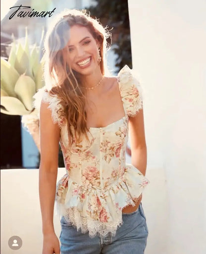 Ins Fashion Sexy Blouse Women Blogger Lace Splicing Square Collar Floral Shirt