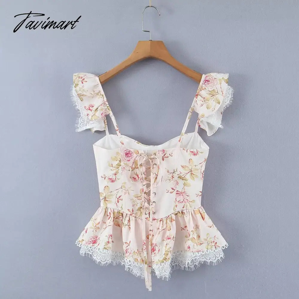 Ins Fashion Sexy Blouse Women Blogger Lace Splicing Square Collar Floral Shirt