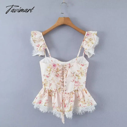 Ins Fashion Sexy Blouse Women Blogger Lace Splicing Square Collar Floral Shirt