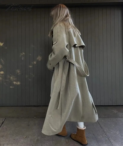 Ins Fashion Trench Coat Overcoat Women Blogger Vintage Loose Ligh Green Long Jacket