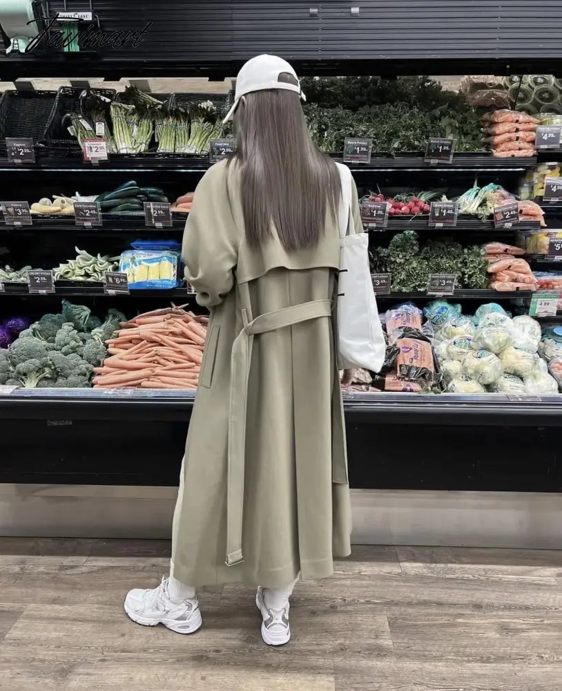 Ins Fashion Trench Coat Overcoat Women Blogger Vintage Loose Ligh Green Long Jacket