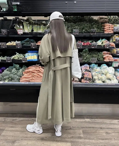 Ins Fashion Trench Coat Overcoat Women Blogger Vintage Loose Ligh Green Long Jacket