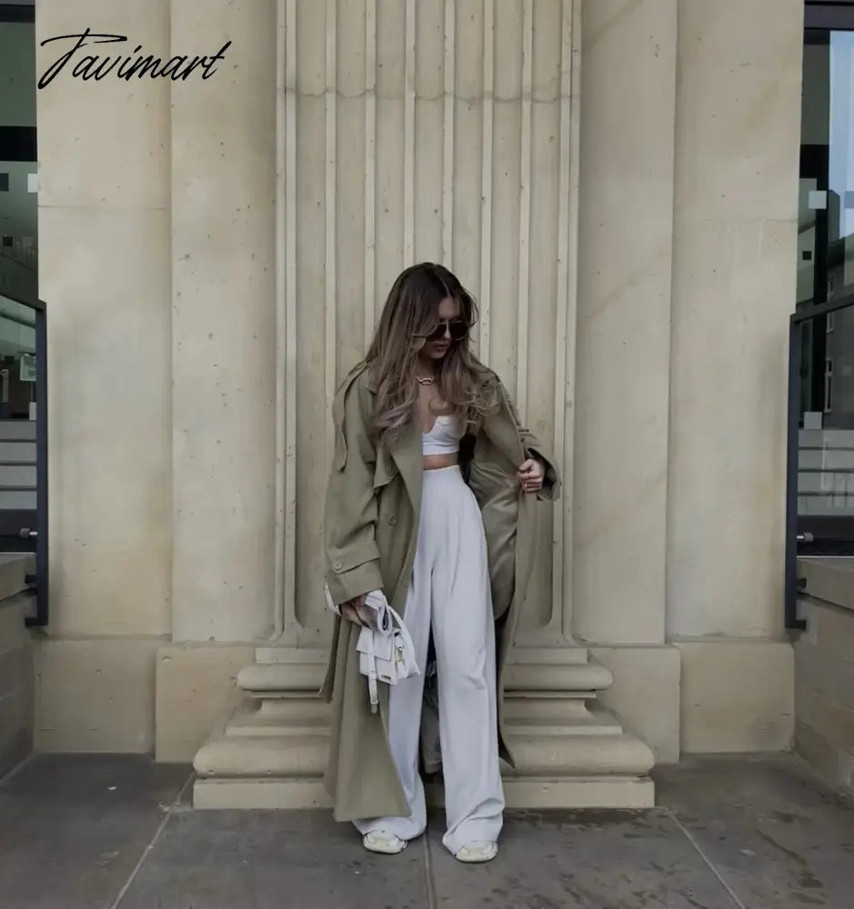 Ins Fashion Trench Coat Overcoat Women Blogger Vintage Loose Ligh Green Long Jacket