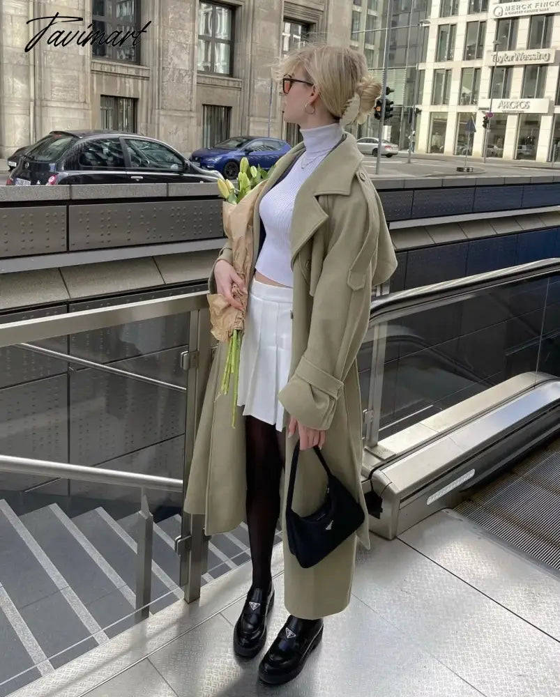 Ins Fashion Trench Coat Overcoat Women Blogger Vintage Loose Ligh Green Long Jacket