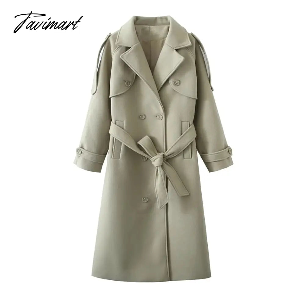 Ins Fashion Trench Coat Overcoat Women Blogger Vintage Loose Ligh Green Long Jacket