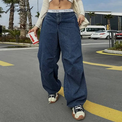 ins street retro blue high waist loose drape floor mopping jeans autumn versatile slim wide leg casual trousers Y2 women's cloth