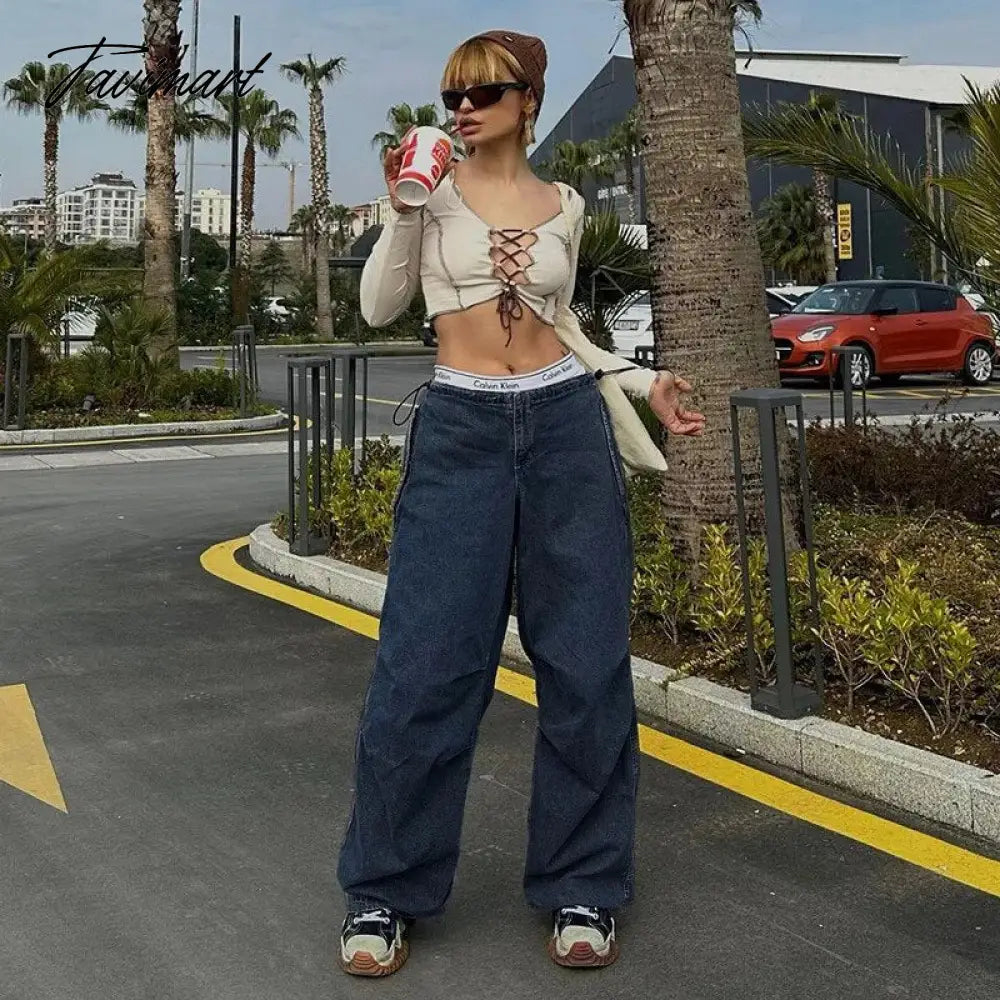 ins street retro blue high waist loose drape floor mopping jeans autumn versatile slim wide leg casual trousers Y2 women's cloth