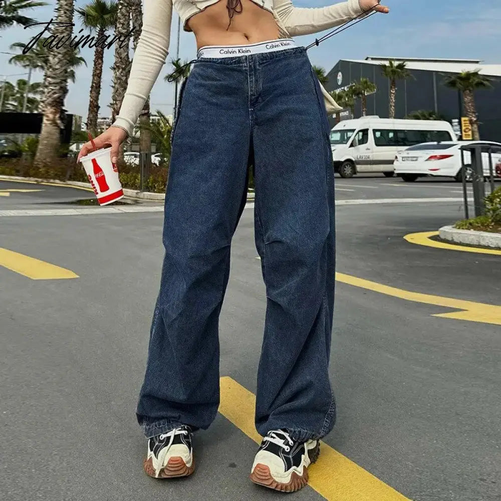 ins street retro blue high waist loose drape floor mopping jeans autumn versatile slim wide leg casual trousers Y2 women's cloth
