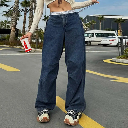 ins street retro blue high waist loose drape floor mopping jeans autumn versatile slim wide leg casual trousers Y2 women's cloth