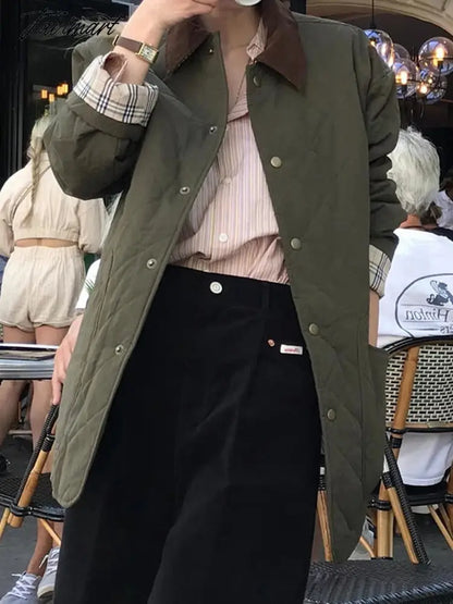 Irregular Plaid Coat Women Winter Clothing Turn Down Collar Single Breasted Cotton Clothes Fashion Simple Lady Vintage Jackets