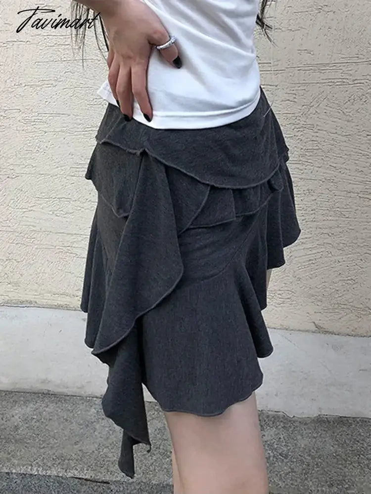 Irregular Ruffles Stitching Mini Skirts Coquette Outfits High Waist Elastic Asymmetry Short Skirts Y2K Aesthetic Korean