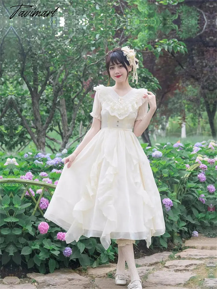 Japanese Romantic Style Cosplay Lolita Girl Op Sweet Solid Ruffle Peter Pan Collar Puff Sleeve Ribbon Bowknot Elegant Dress