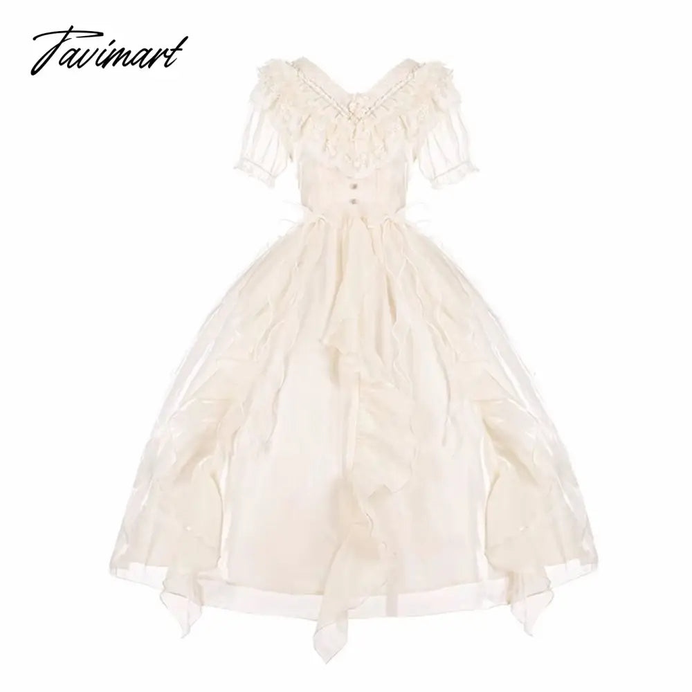 Japanese Romantic Style Cosplay Lolita Girl Op Sweet Solid Ruffle Peter Pan Collar Puff Sleeve Ribbon Bowknot Elegant Dress