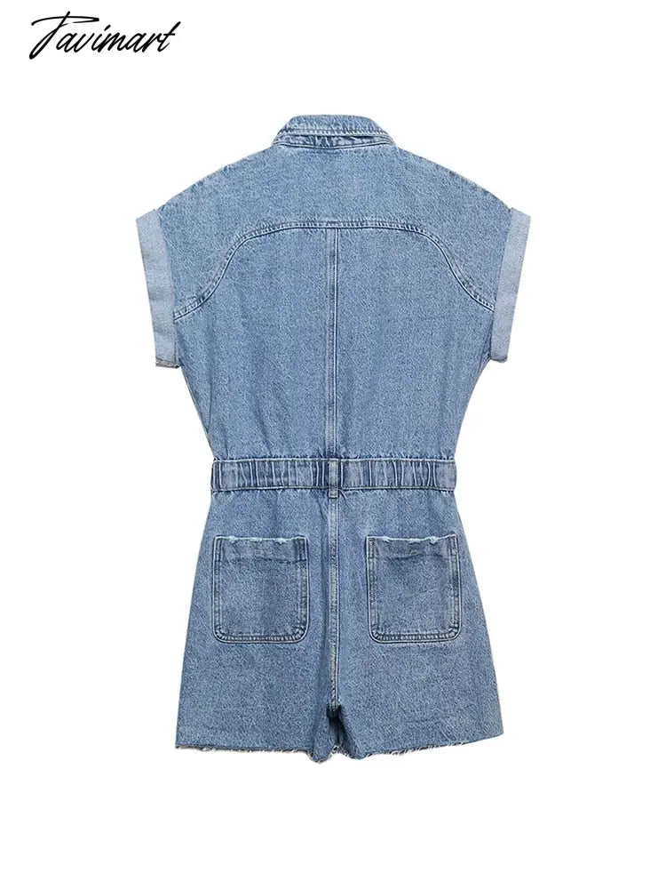 Jumpsuit Women Summer Turn Up Short Sleeve Cotton Denim Romper With Pockets Lapel Button Up Casual Jean Playsuit Shorts