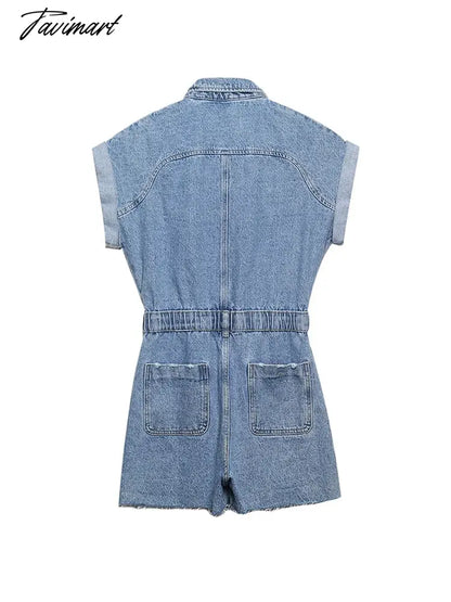 Jumpsuit Women Summer Turn Up Short Sleeve Cotton Denim Romper With Pockets Lapel Button Up Casual Jean Playsuit Shorts
