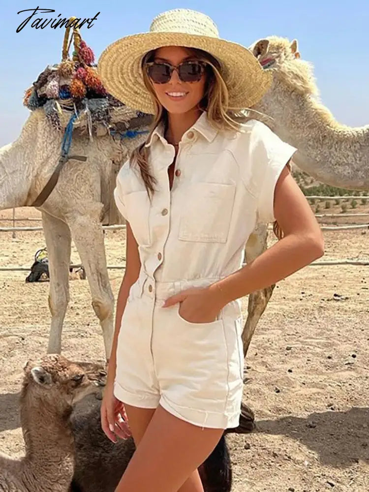 Jumpsuit Women Summer Turn Up Short Sleeve Cotton Denim Romper With Pockets Lapel Button Up Casual Jean Playsuit Shorts