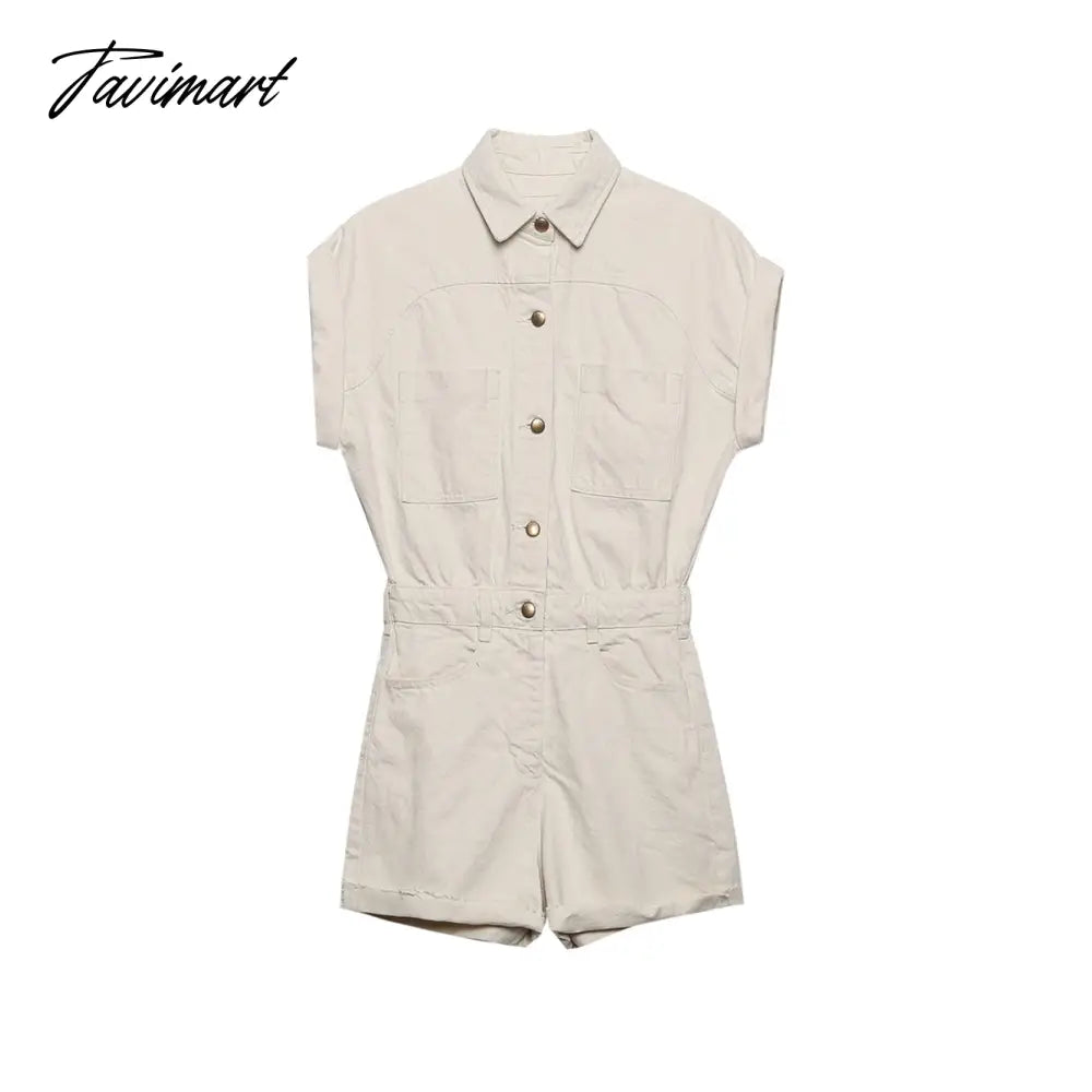 Jumpsuit Women Summer Turn Up Short Sleeve Cotton Denim Romper With Pockets Lapel Button Up Casual Jean Playsuit Shorts