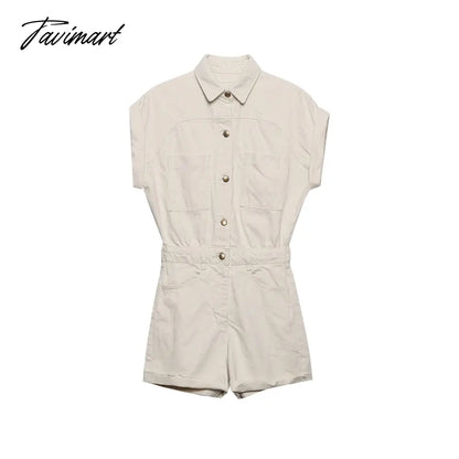 Jumpsuit Women Summer Turn Up Short Sleeve Cotton Denim Romper With Pockets Lapel Button Up Casual Jean Playsuit Shorts