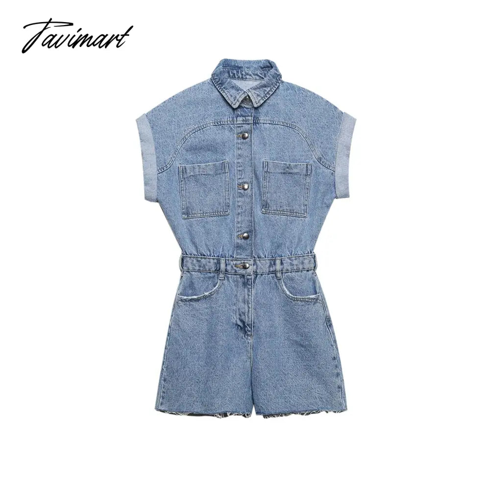 Jumpsuit Women Summer Turn Up Short Sleeve Cotton Denim Romper With Pockets Lapel Button Up Casual Jean Playsuit Shorts